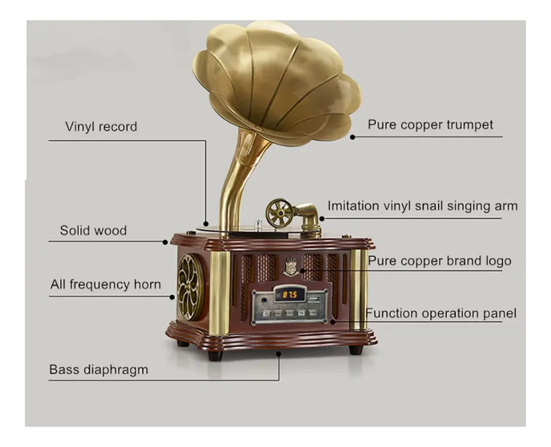 Altavoz Fonógrafo Vintage Estereo, Super Bass De Lujo Madera Con Dorado