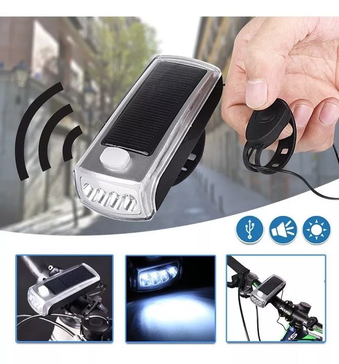 Linterna Led Bicicleta Con Pito Recargable Usb Solar 045