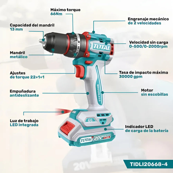 Taladro Percutor 1/2 Inalambrico Total 66nm +50 Acc Brushles Color Turquesa Frecuencia 50 Hz/60 Hz
