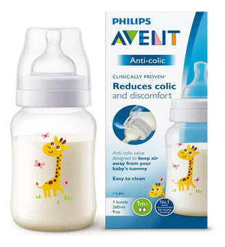 Tetero Avent Anti Cólicos 9oz 1m+ (Flujo 2) Decorado Jirafa sin BPA, Clinicamente Probado, modelo SCF821/12