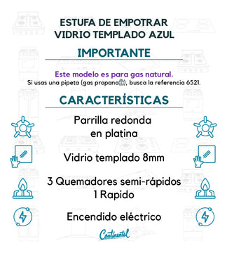 Estufa De Empotrar Vidrio Templado 62x52cm Gas Natural 6507 Azul
