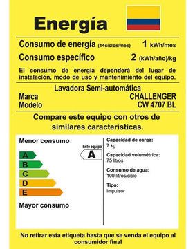 Lavadora Semiautomatica Doble Tina 7 Kg - Cw4707 Challenger Color Blanco