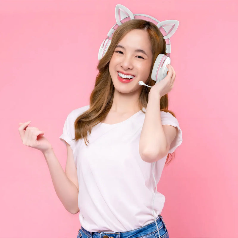 Audifonos Gamer Onikuma X10 Orejas Blancos Con Rosado Rgb Color Blanco