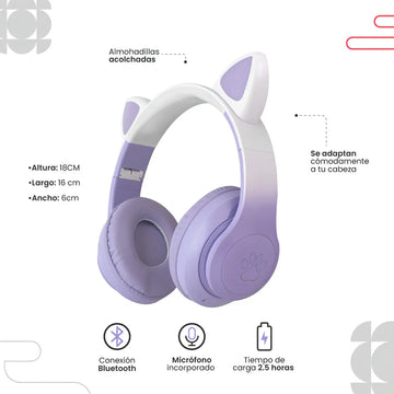 Audifonos Diadema Gato Inalambricos Bluetooth Fm Luces Niña Color Violeta Luz Rgb