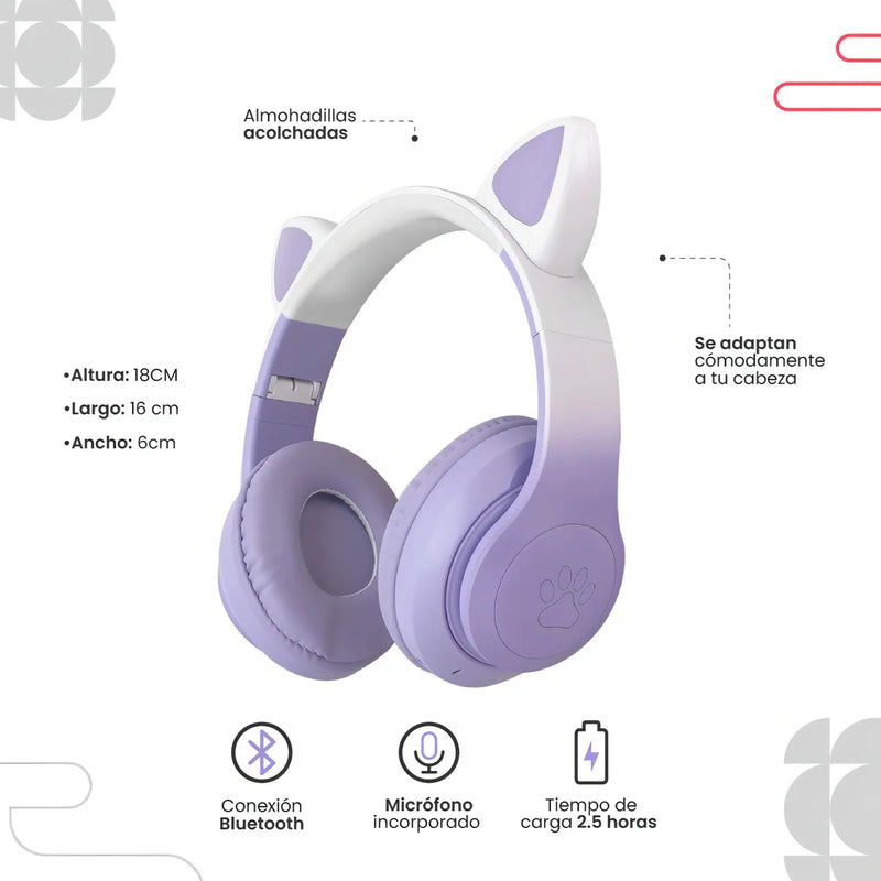 Audifonos Diadema Gato Inalambricos Bluetooth Fm Luces Niña Color Violeta Luz Rgb