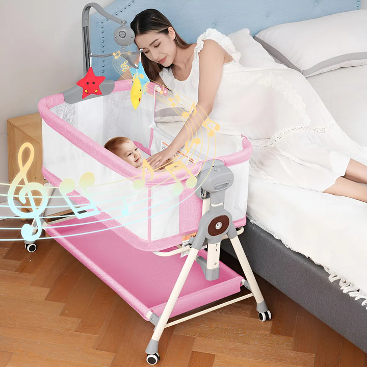 Cuna Mecedora 3 En 1 Para Bebé Rosa Con Música Y Almacenamie