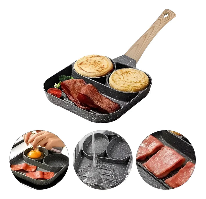 Sartén de cocina 3 en 1 con 3 orificios para huevos, jamón negro