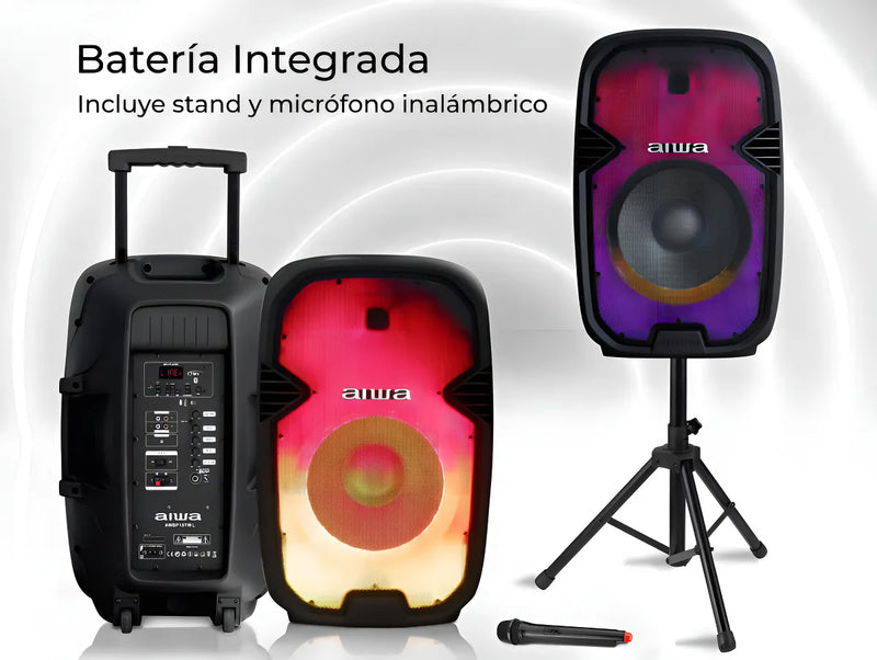 Cabina Aiwa AWSP15TWL Bluetooth Radio Fm Microfono Tripode Color Negro