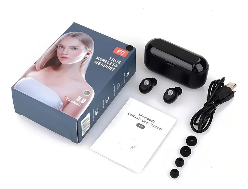 Audífonos in ear inalámbricos F9 negro con luz LED