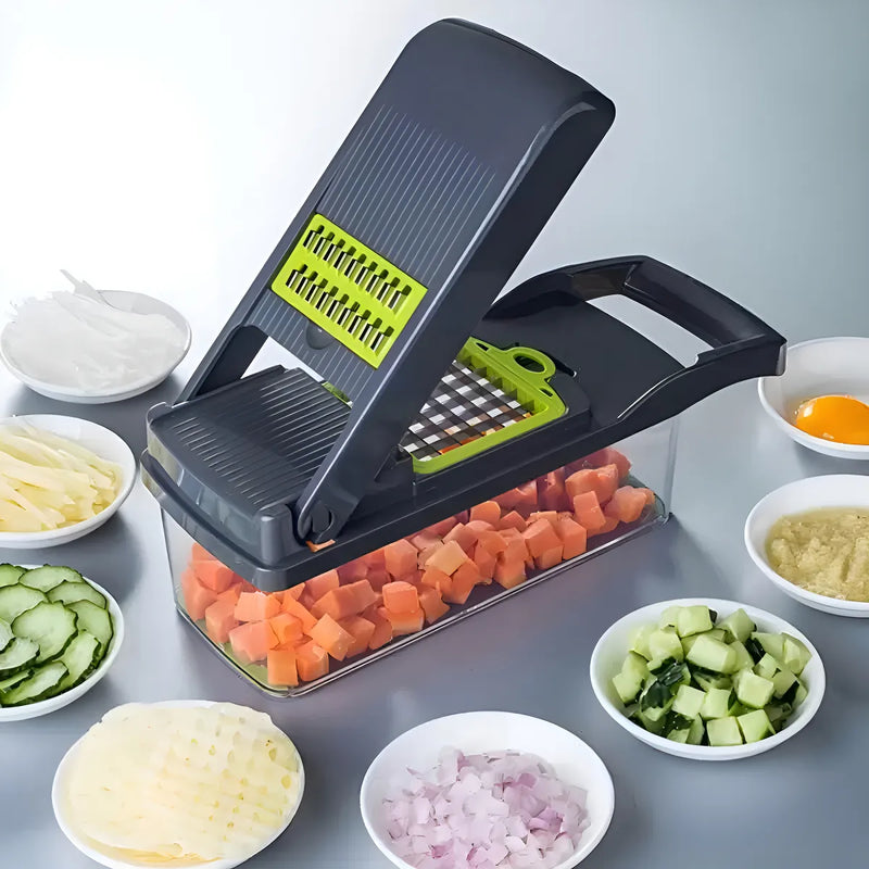 Cortador y rallador de verduras GIB Cleaningtool con mandolina, 12 en 1, con cuchillas, cesta y recipiente intercambiables