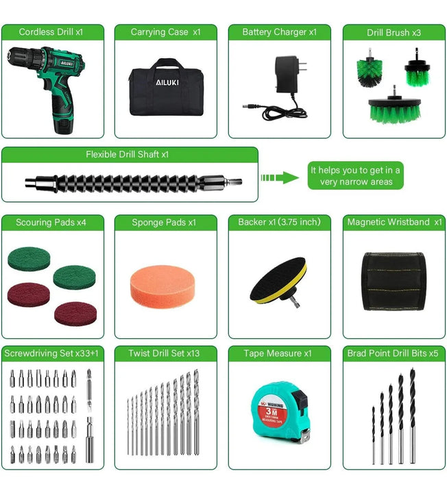 Kit De Taladro Inalámbrico, 67piezas, Batería De Litio Verde Musgo
