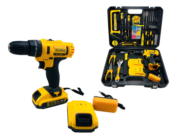 Taladro Percutor 36v Inalámbrico 2baterías + 92 Herramientas Amarillo