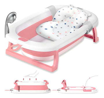 Tina Bañera Para Bebe Plegable Cojin Acolchado + Base Alta Color Rosa. Cojín Estrellas