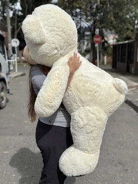 Oso De Peluche Gigante 1,60 + Moño + 3 Globos Perfumado Blanco Hueso