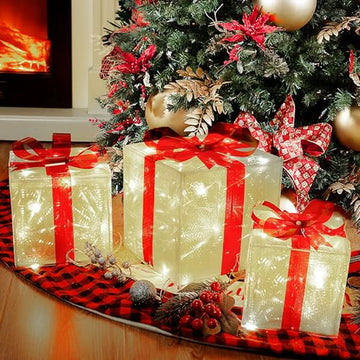 Set De 3 Cajas Decorativas Navideñas Con Luces Led Y Lazos R