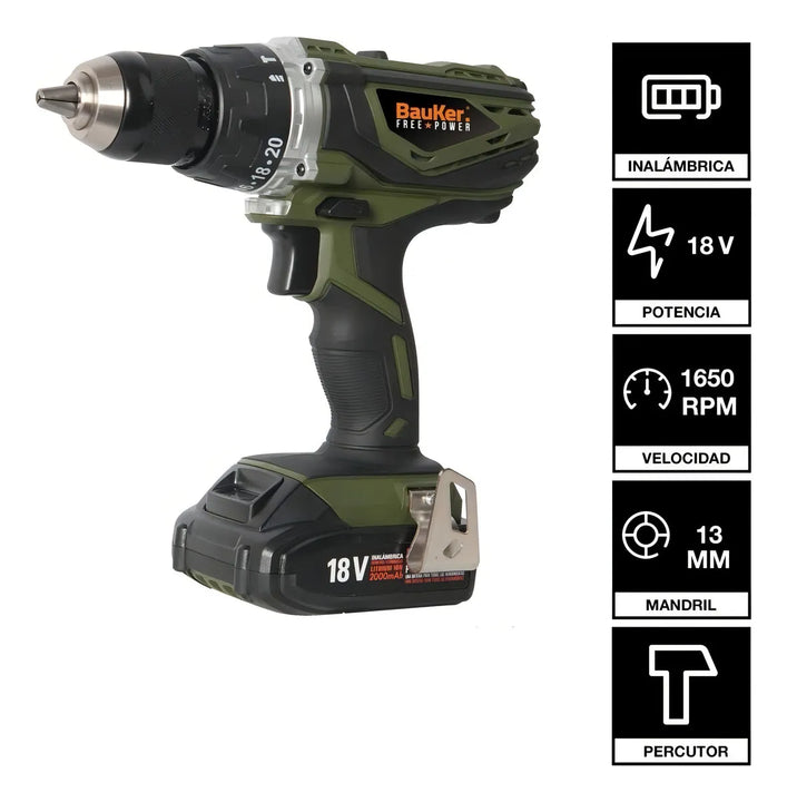Taladro percutor atornillador inalámbrico de 13mm Bauker CD180JN-2P 18V + accesorios