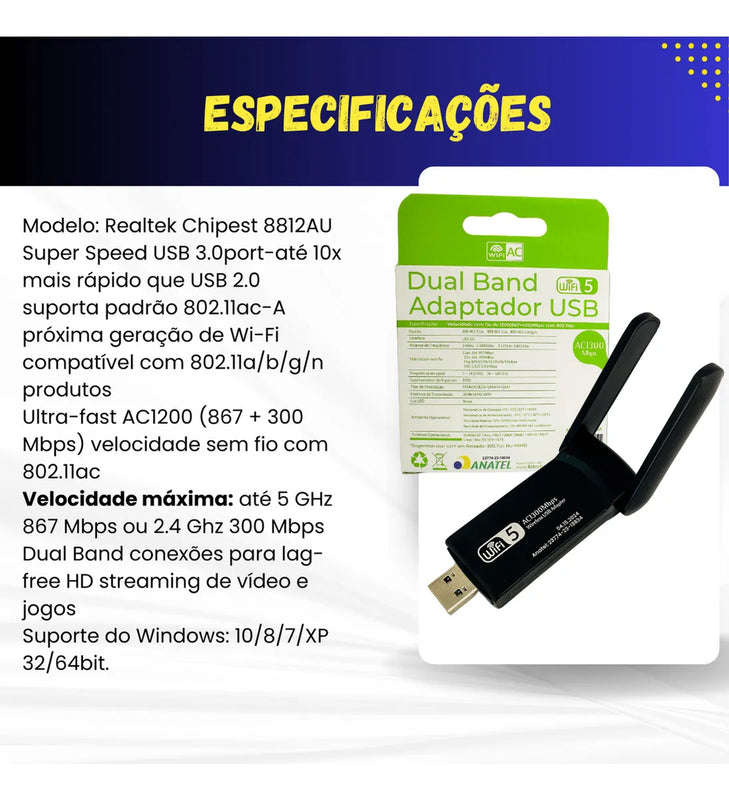 Adaptador Wifi Usb 5g Dual Band 1300mbps Com Antena