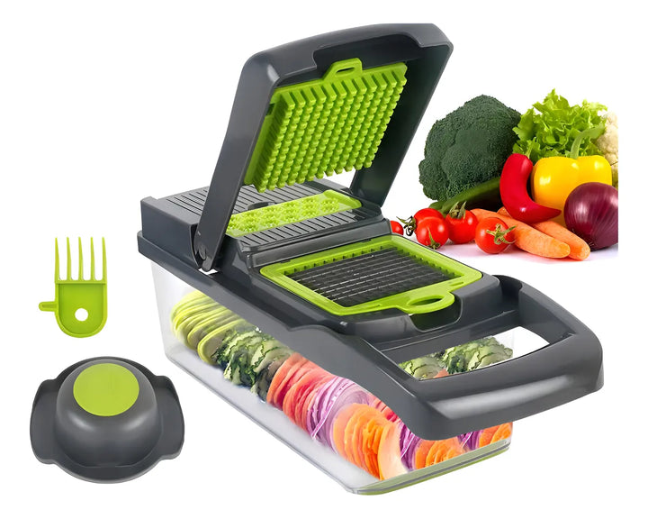 Cortador y rallador de verduras GIB Cleaningtool con mandolina, 12 en 1, con cuchillas, cesta y recipiente intercambiables