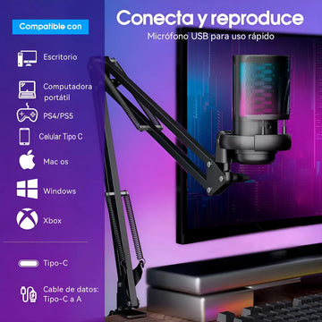 Micrófono Con Soporte de Brazo Condensador Cardioide USB para Gamer Para Pc Para Celular Tipo C Podcast streaming Luuk Young U850B Negro