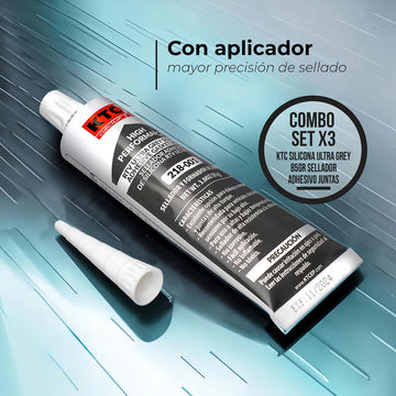 Set X3 Silicona RTV Ultra Grey 85Gr KTC, No Corrosivo, Resistente a 343°C, Ideal para Aplicaciones Mecánicas, Alta Durabilidad y Adhesión.
