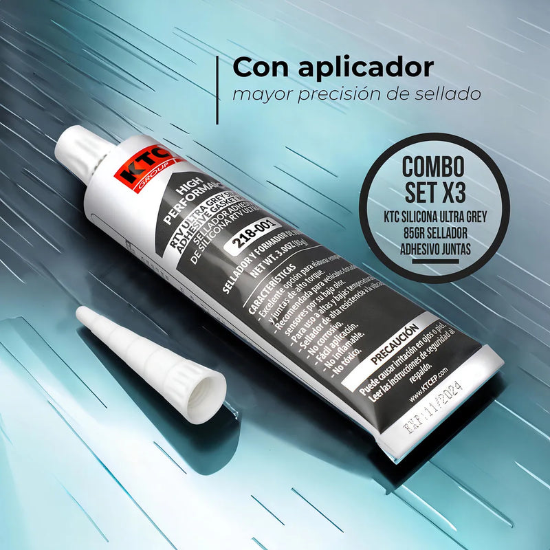 Set X3 Silicona RTV Ultra Grey 85Gr KTC, No Corrosivo, Resistente a 343°C, Ideal para Aplicaciones Mecánicas, Alta Durabilidad y Adhesión.