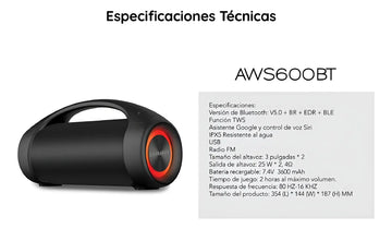 Parlante AIWA Bluetooth Portatil AWS600BT 50W RMS Boombox Color Negro