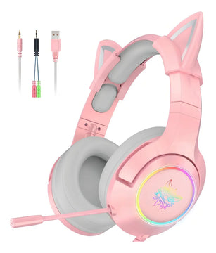 Aurífonos Gamer Onikuma K9 Micrófono - Cable Adaptador 1 A 2 Color Rosa