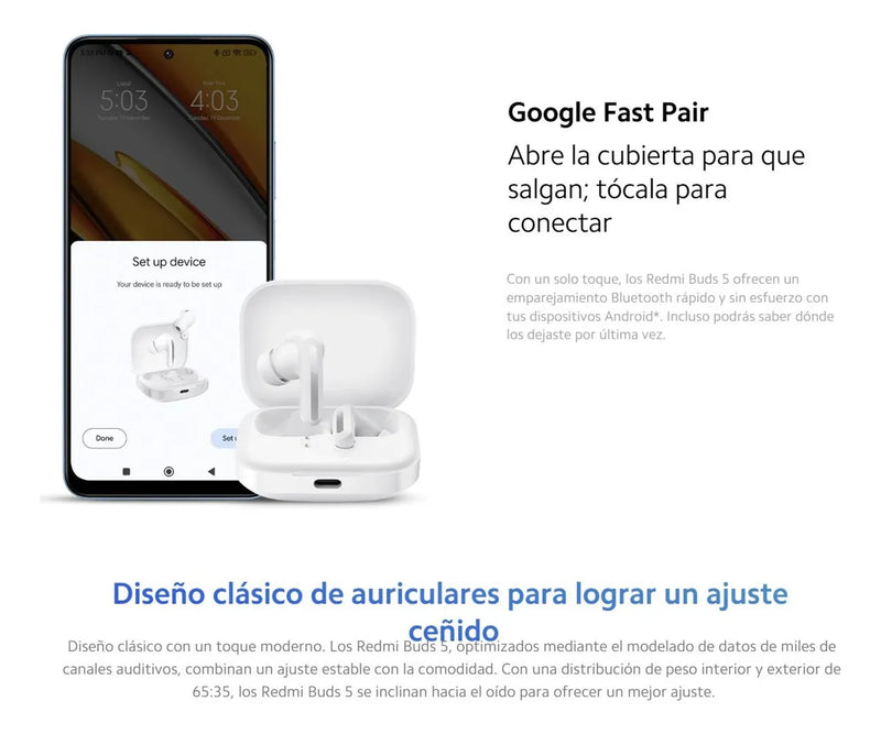 Xiaomi Redmi Buds 5, Auriculares Táctil Anc Manos Libres, Wh Blanco