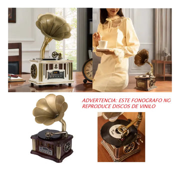 Altavoz Fonógrafo Vintage Estereo, Super Bass De Lujo Madera Con Dorado