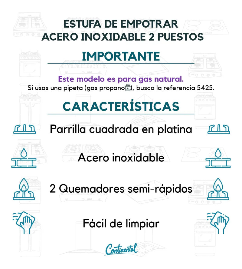 Estufa De Empotrar Acero Inoxidable 2pt Gas Propano 5425 Gris