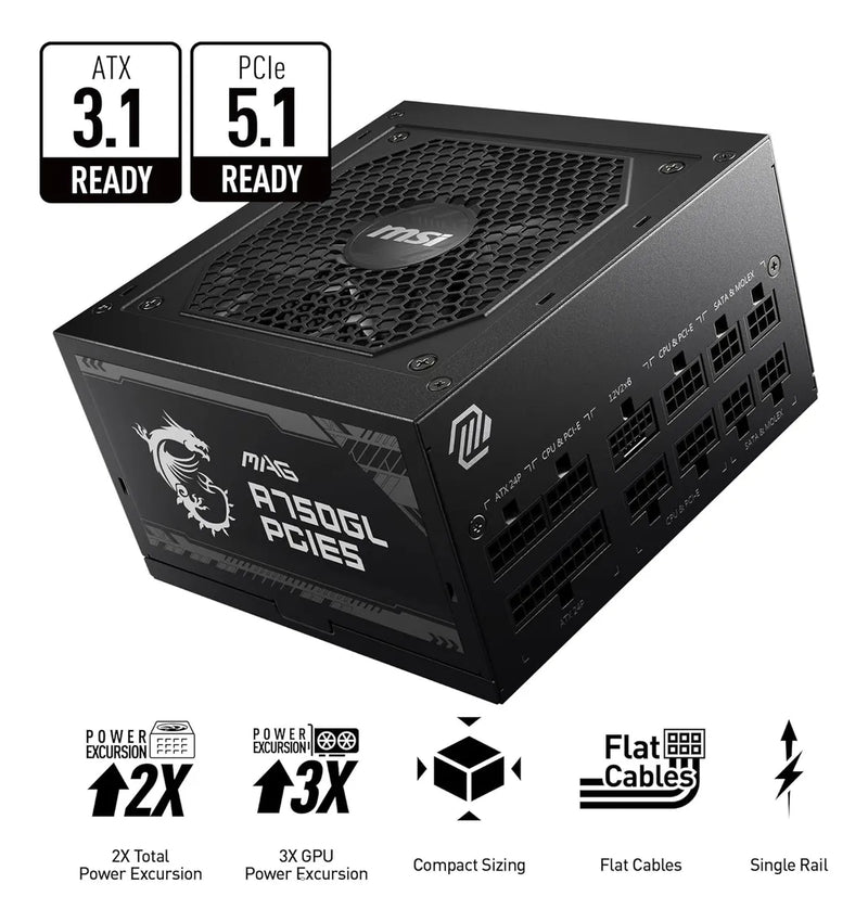 Fuente De Poder Msi Mag A750gl Pcie5 750w 80plusgold Fullmod Negro