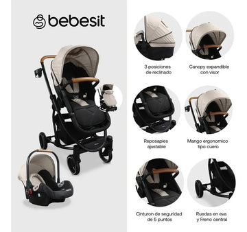 Coche Para Bebe Tipo Moises + Portabebe Prima Bebesit Beige