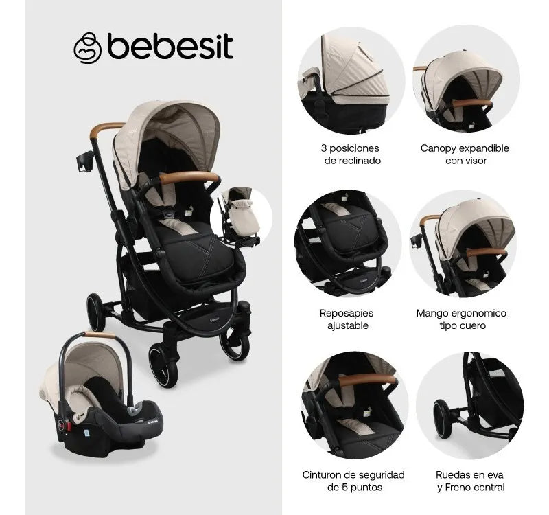Coche Para Bebe Tipo Moises + Portabebe Prima Bebesit Beige