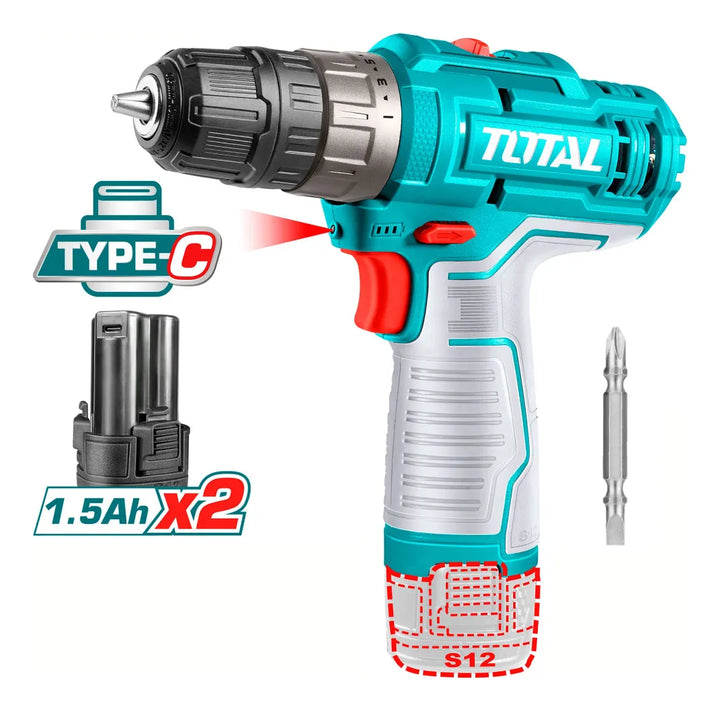 Taladro Inalámbrico Total 3/8 12v 2 Baterías + Maletín - Turquesa