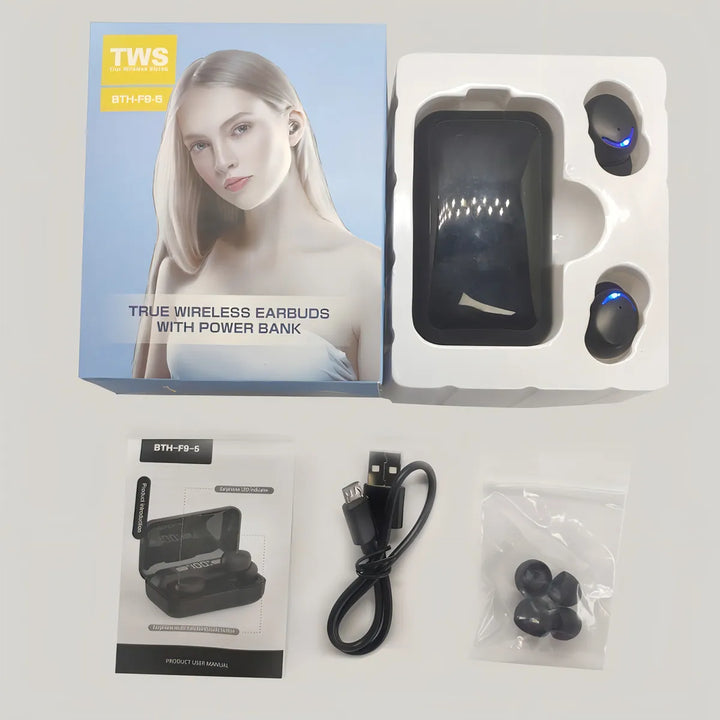 Audífonos Inalambricos Bluetooth F9-5 Tsw Powerbank Batería Color Negro