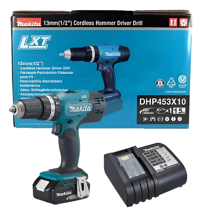 Taladro percutor atornillador inalámbrico de 13mm Makita DHP453X10 + accesorio
