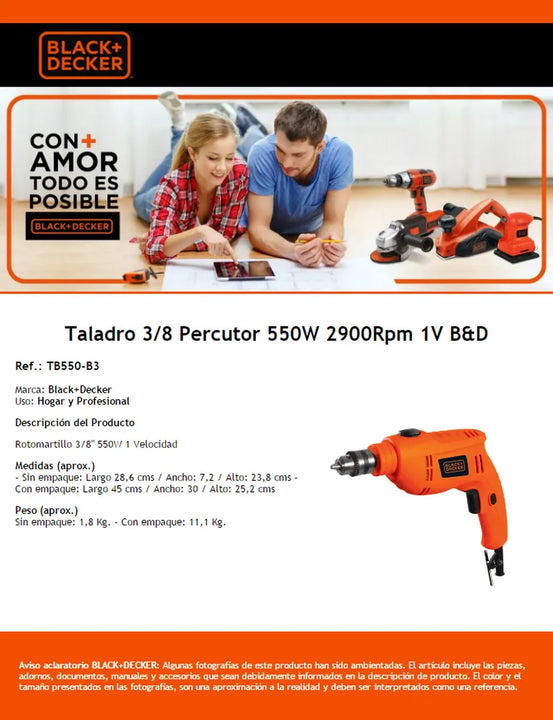 Taladro 550 W 1 Velocidad Black & Decker 3/8 Tb550b