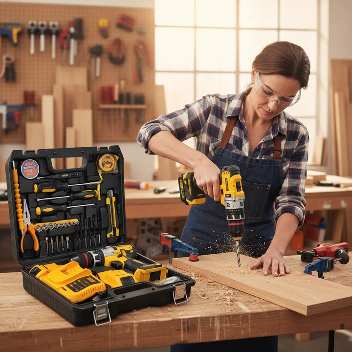 Taladro Inalámbrico 21v Atornillador Percutor 2 Baterias Amarillo 50/60