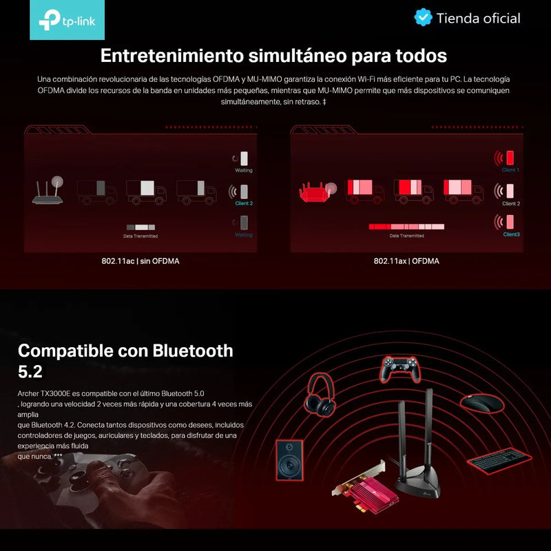 Tp-link, Tarjeta Pcie Wifi 6 Ax3000 + Bt 5.2, Archer Tx3000e