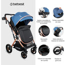 Coche Bebé Reclinable Moises Bebesit Gold Lx, Plegable Azul Chasis Dorado