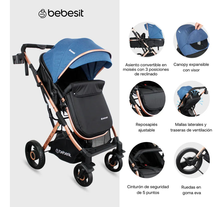 Coche Bebé Reclinable Moises Bebesit Gold Lx, Plegable Azul Chasis Dorado
