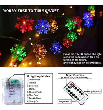 Luces Navideñas Multicolores Led 20 Ft, 40 Copos De Nieve