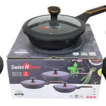 Set X3 Sarten Mármol Antiadherente Swiss Home 20, 22, 24 Cm Negro