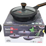 Set X3 Sarten Mármol Antiadherente Swiss Home 20, 22, 24 Cm Negro