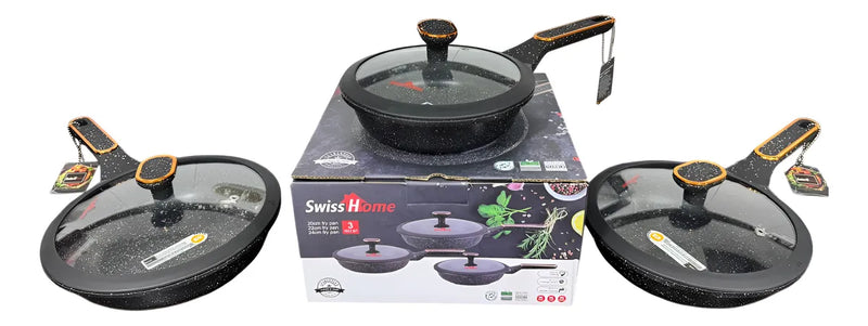 Set X3 Sarten Mármol Antiadherente Swiss Home 20, 22, 24 Cm Negro