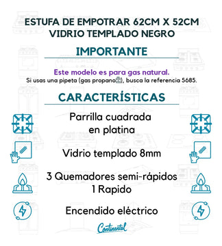 Estufa De Empotrar Vidrio Templado Gas Natural Color Negro