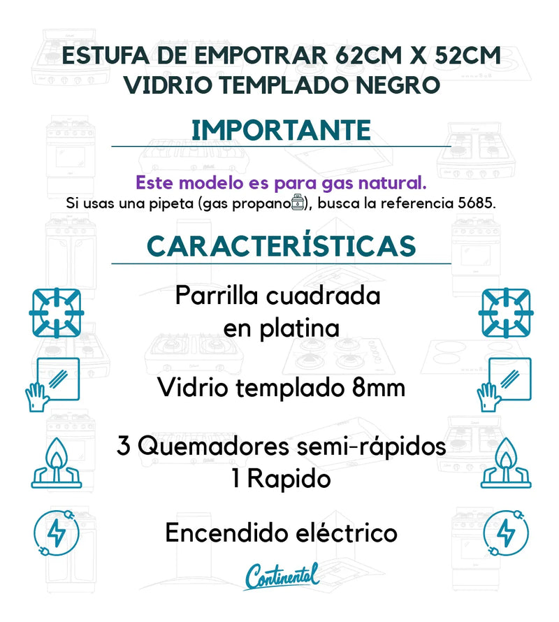Estufa De Empotrar Vidrio Templado Gas Natural Color Negro