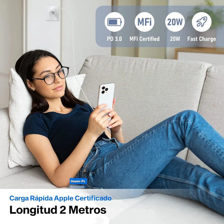Cargador Rapido Certificado Mfi 20w 2 Metros Para Iphone 14 Blanco