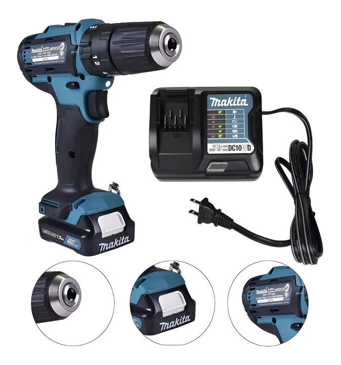 Taladro percutor atornillador inalámbrico de 10mm Makita HP333DWYX3 + 1 batería de 1.5Ah + accesorio con caja de cartón