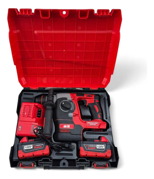 Drill Taladro Doble Mandril Inalámbrico 128v 2 Baterias - Rojo